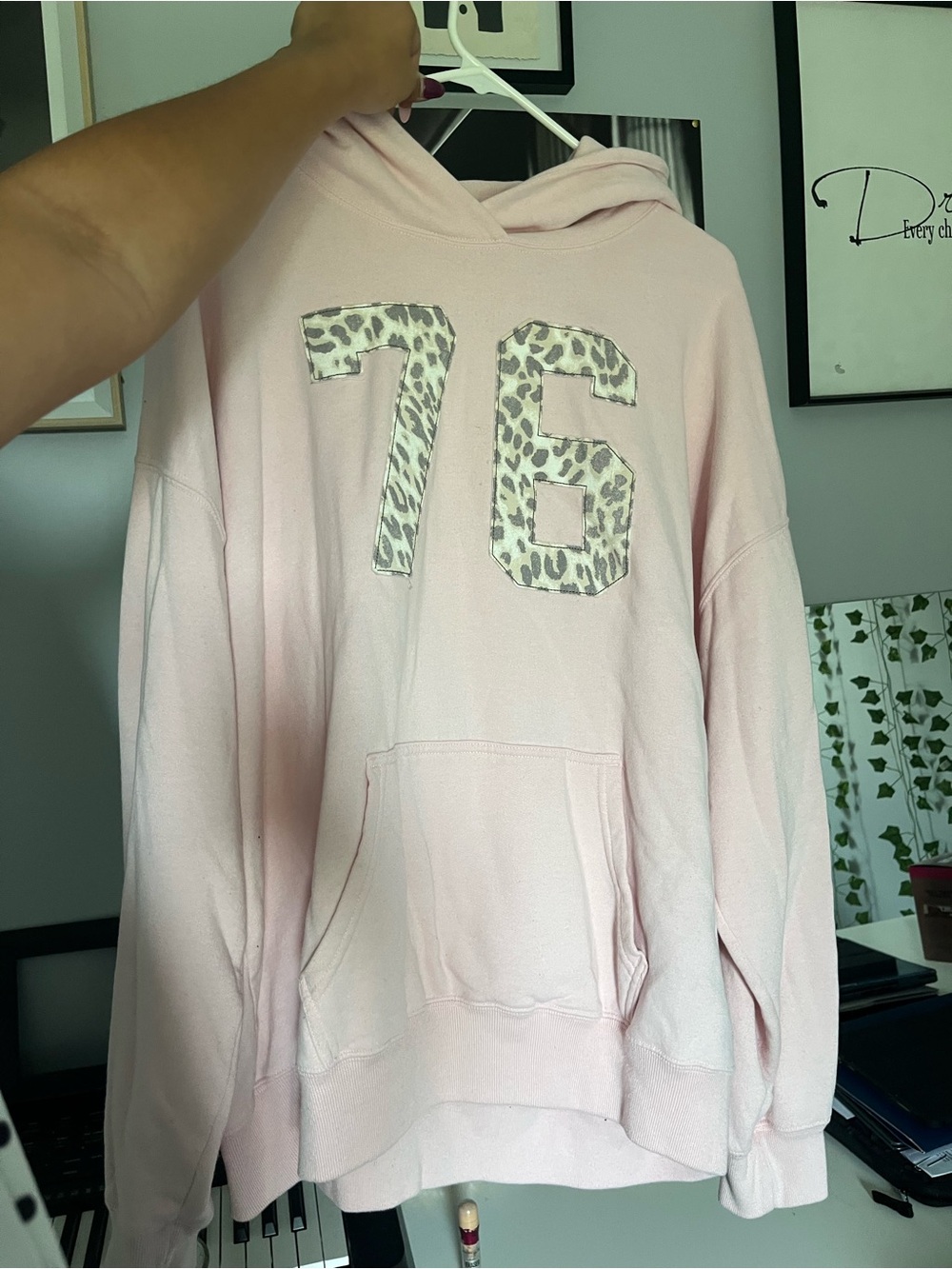Pink Hooded Sweater with Leopard '76' Appliqué